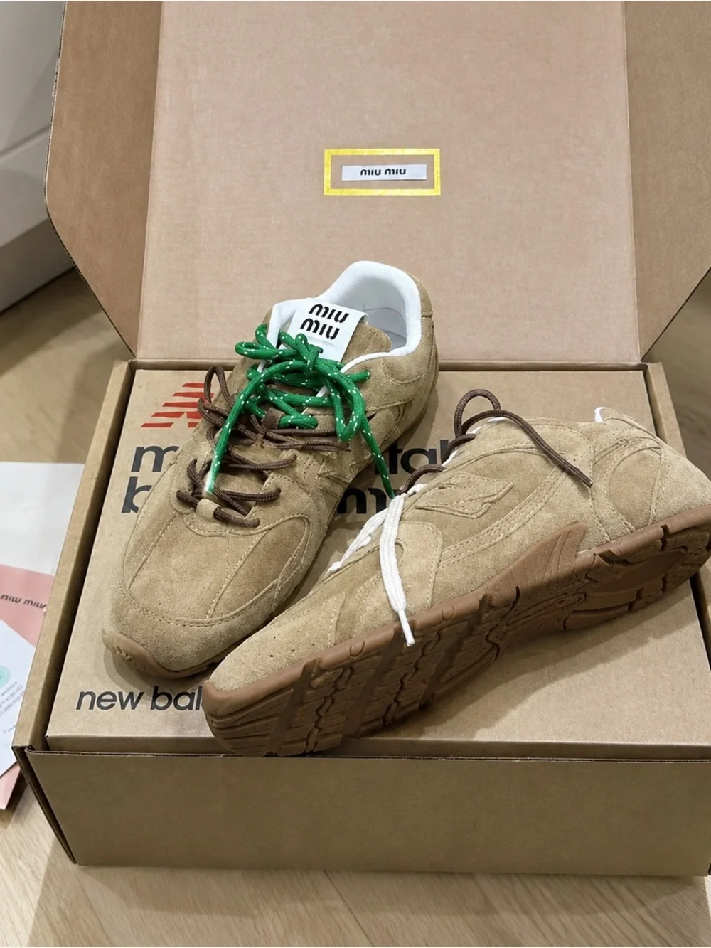 Miu Miu Taupe Suede Men’s Sneakers with Green Accent Laces
